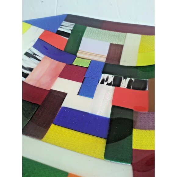 Rare Large Fused & Woven Mosaic Glass Plater 12.5" x 12.5" E&R Glass Labelled - Picture 5 of 16